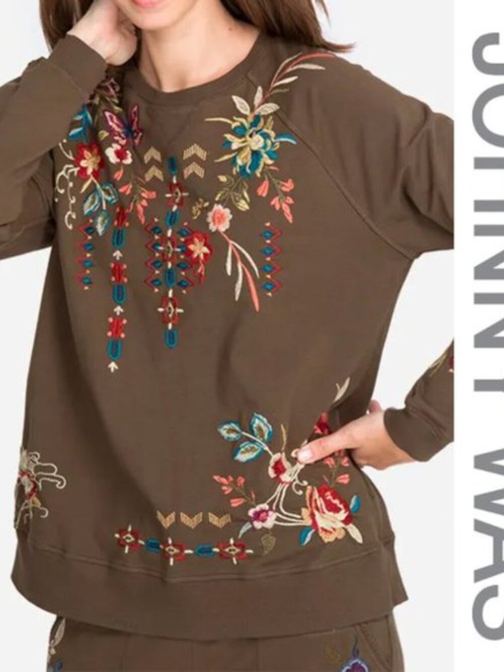 Johnny Was Dreamer Sweatshirt Olive Green Embroidered